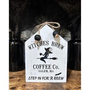 Witches Brew Coffee Co Salem MA Halloween Distressed Wooden Sign Decor